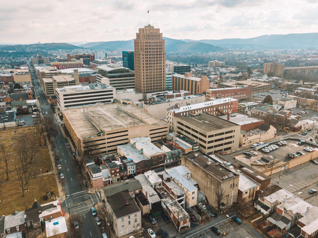 Aerial view of Lehigh Valley commercial and residential areas in Pennsylvania